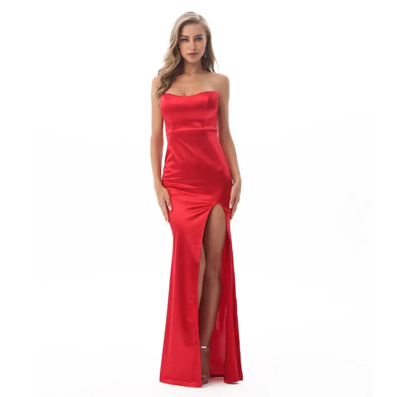 Red Strapless Backless Padded  Split Leg  Maxi Dress - MSCOOCO