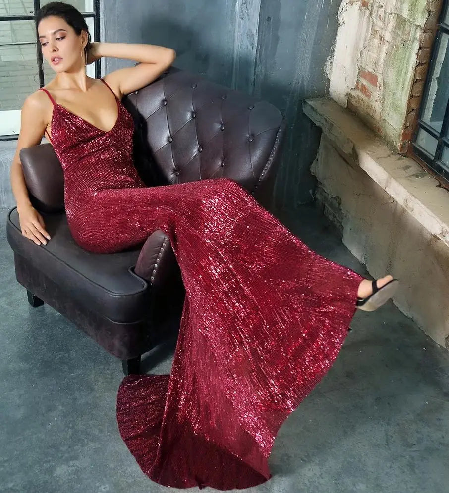Red Wine Open Back Fishtail Sequins Long Dress - MSCOOCO