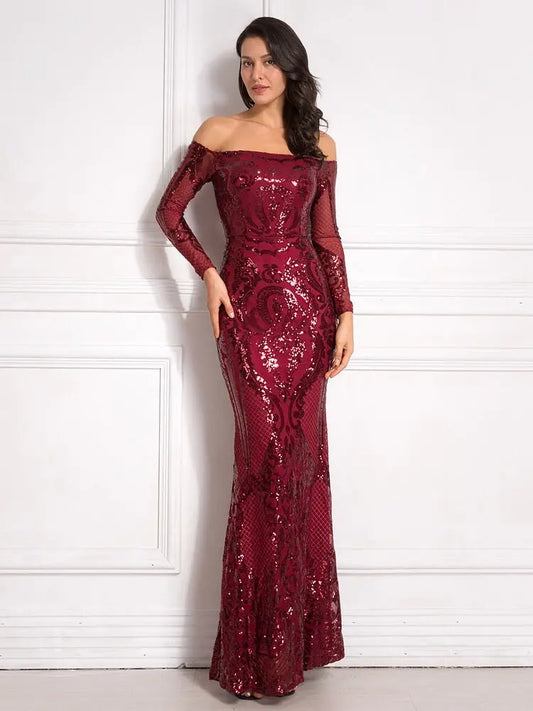 Revie - Burgundy Sequined Maxi Dress Mscooco.co.uk