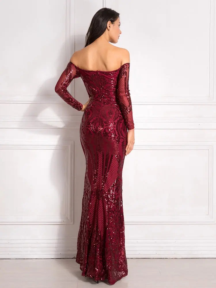 Revie - Burgundy Sequined Maxi Dress Mscooco.co.uk