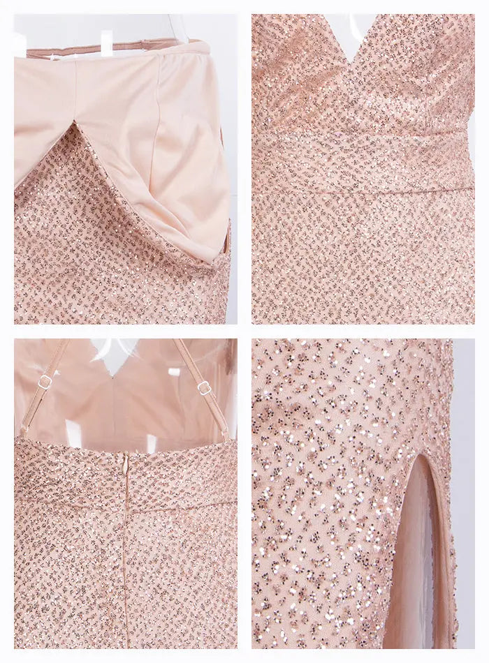 Rose Gold Glitter Glued Material Bodycon Whit Split Maxi Dress - MSCOOCO