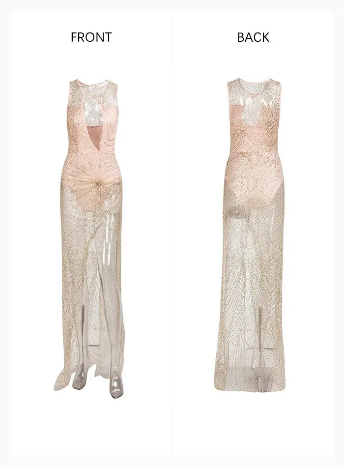 Rose Gold Glitter Glued Material White Split Maxi Dress - MSCOOCO