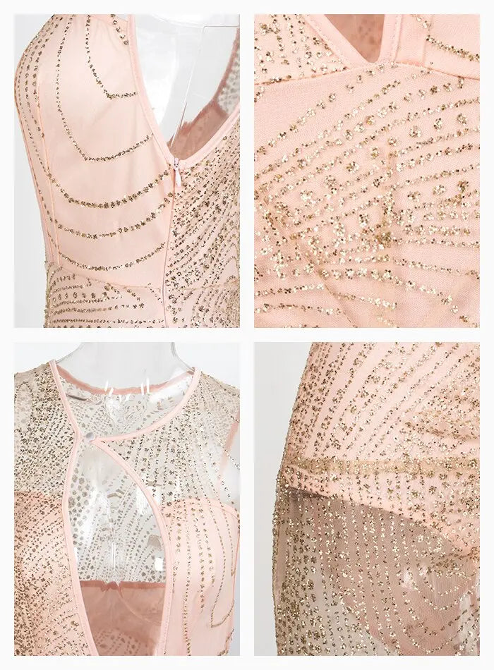 Rose Gold Glitter Glued Material White Split Maxi Dress - MSCOOCO