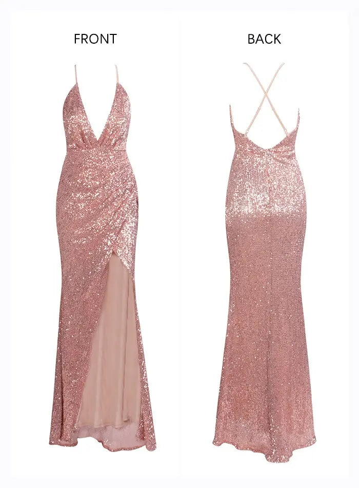 Rose Gold Open Back Cross Split Sequins Maxi Dress - MSCOOCO