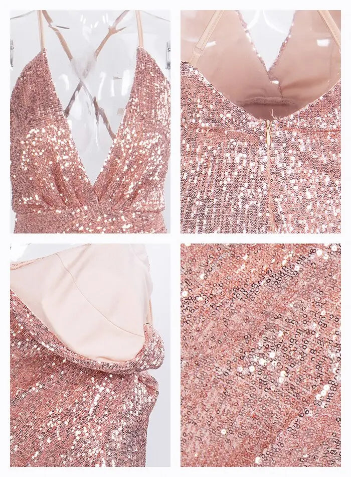 Rose Gold Open Back Cross Split Sequins Maxi Dress - MSCOOCO