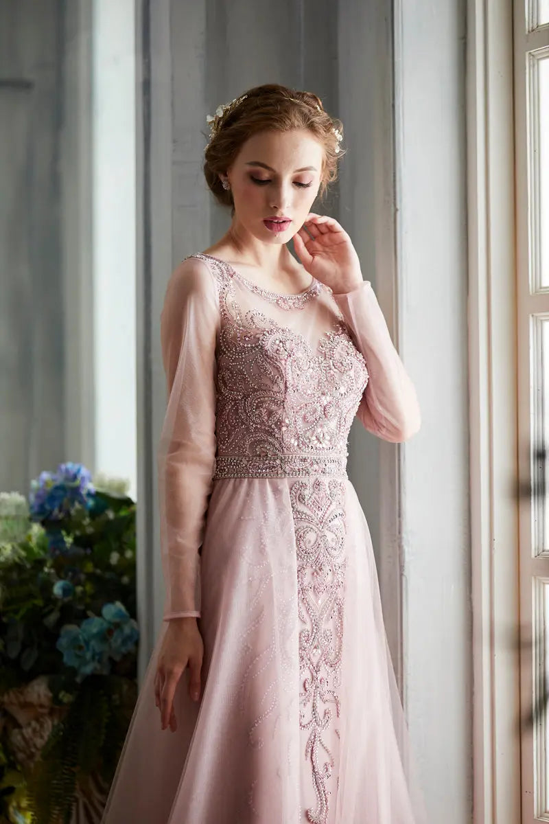 Elegant O-Neck Beading Full Sleeves A-Line Prom Gowns - MSCOOCO