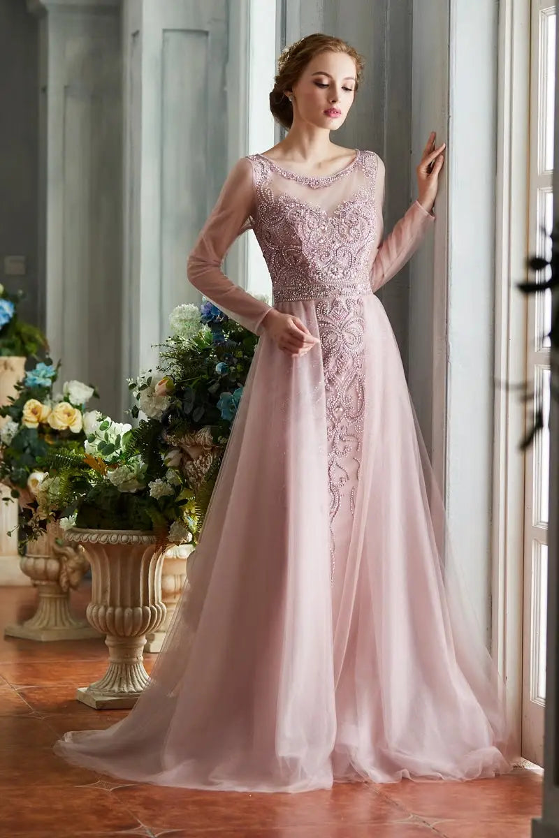 Elegant O-Neck Beading Full Sleeves A-Line Prom Gowns - MSCOOCO