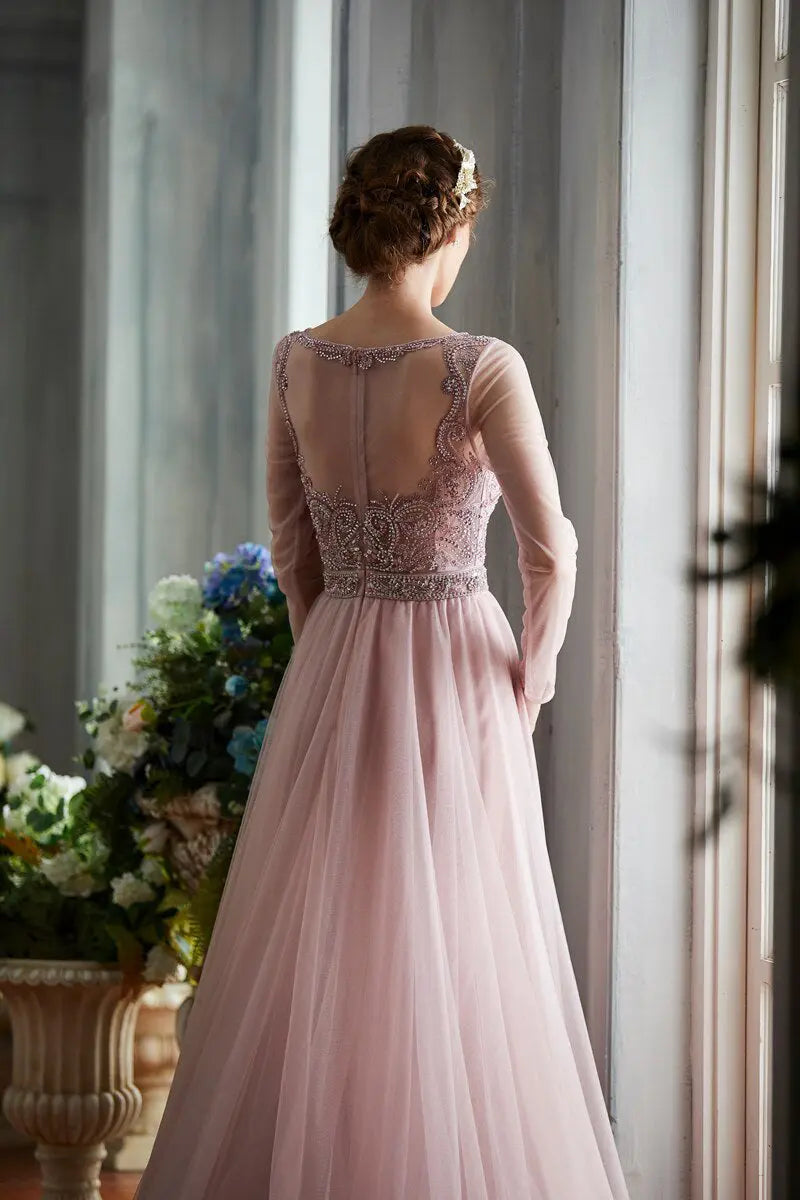 Elegant O-Neck Beading Full Sleeves A-Line Prom Gowns - MSCOOCO