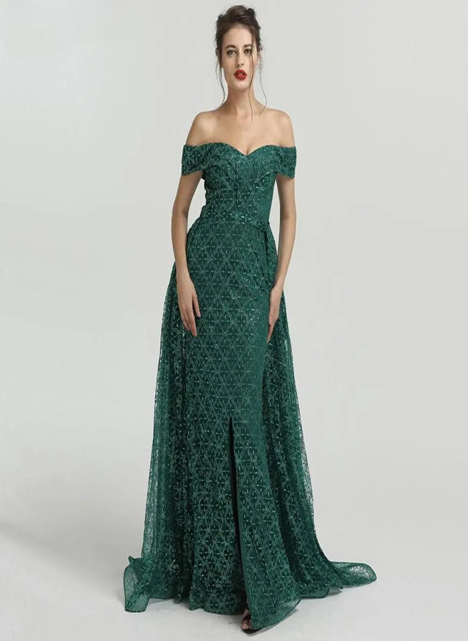 SAINA - Green Glitter Mermaid Evening Gown Mscooco.co.uk