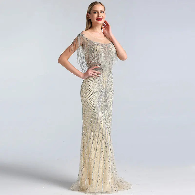 Sanam Luxury Beading Tassel Evening Dress Mscooco.co.uk