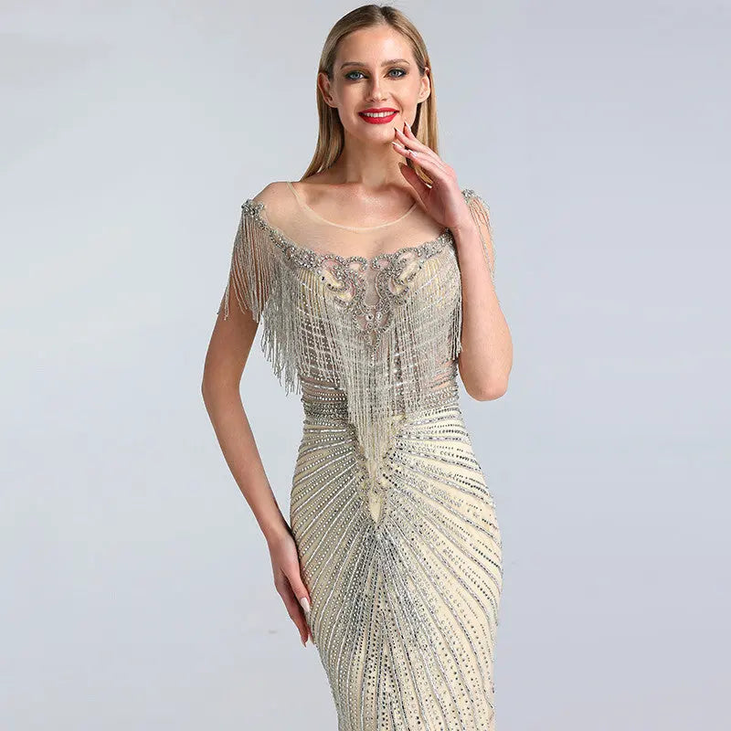 Sanam Luxury Beading Tassel Evening Dress Mscooco.co.uk