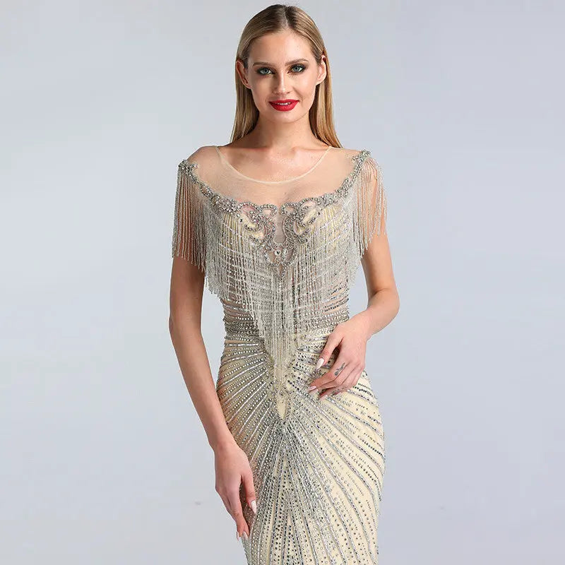 Sanam Luxury Beading Tassel Evening Dress Mscooco.co.uk