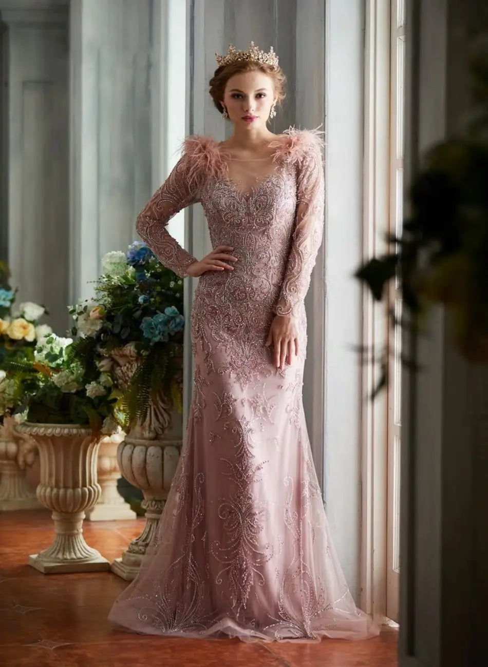 Elegant Golden Rose Mermaid Beading Feathers Gowns - MSCOOCO
