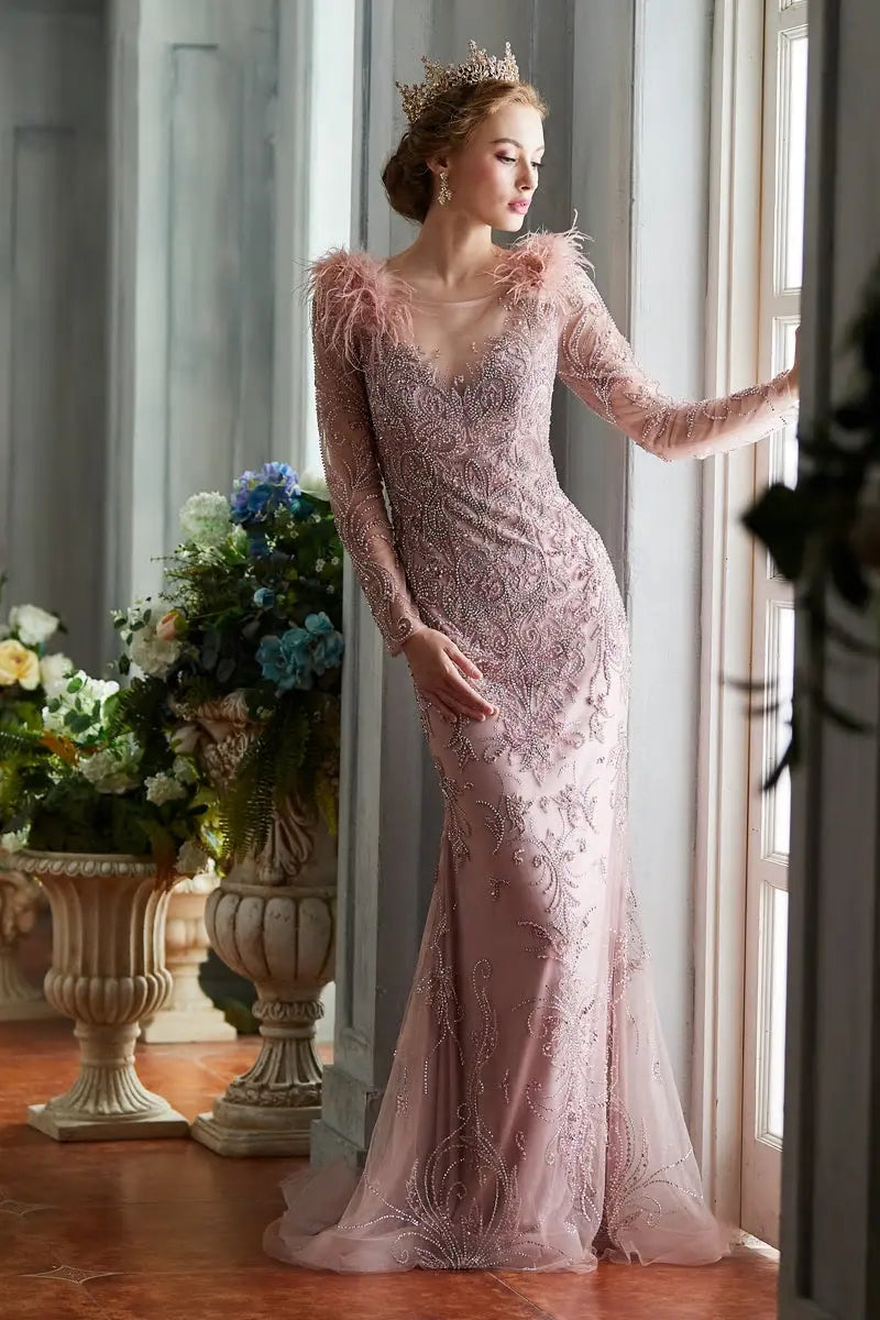 Elegant Golden Rose Mermaid Beading Feathers Gowns - MSCOOCO