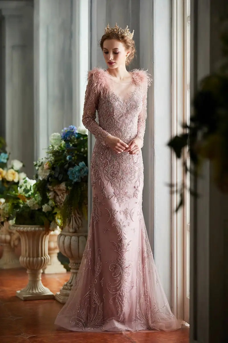 Elegant Golden Rose Mermaid Beading Feathers Gowns - MSCOOCO