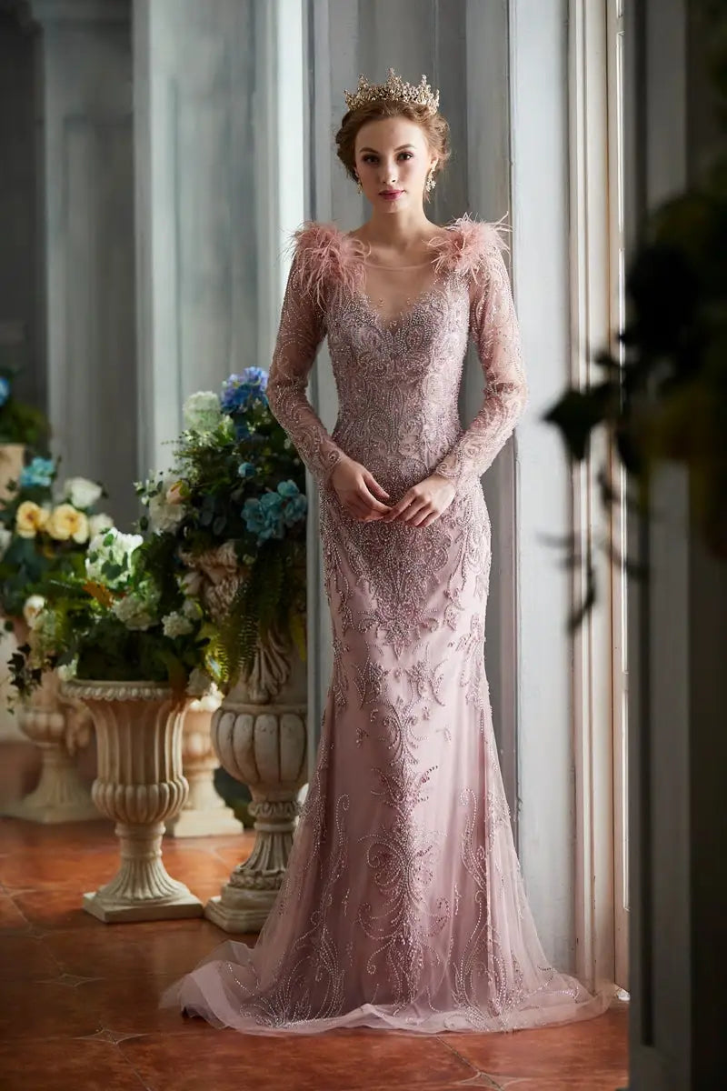 Elegant Golden Rose Mermaid Beading Feathers Gowns - MSCOOCO