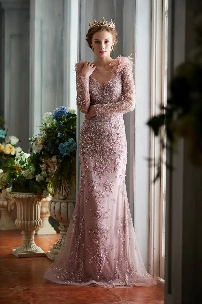 Elegant Golden Rose Mermaid Beading Feathers Gowns - MSCOOCO