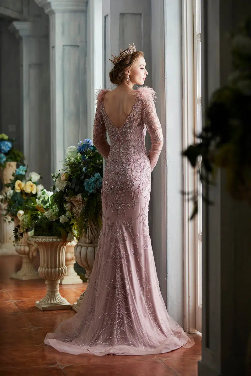 Elegant Golden Rose Mermaid Beading Feathers Gowns - MSCOOCO