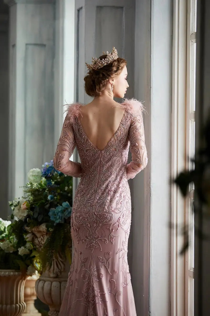 Elegant Golden Rose Mermaid Beading Feathers Gowns - MSCOOCO