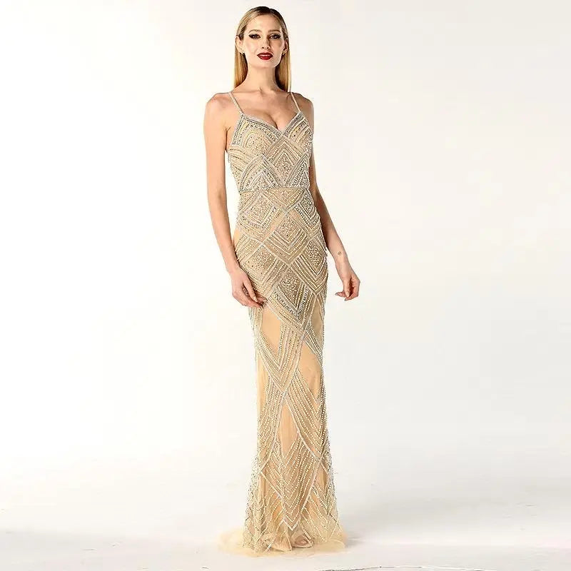 Sevilla Beaded Nude Sliver Gown - MSCOOCO
