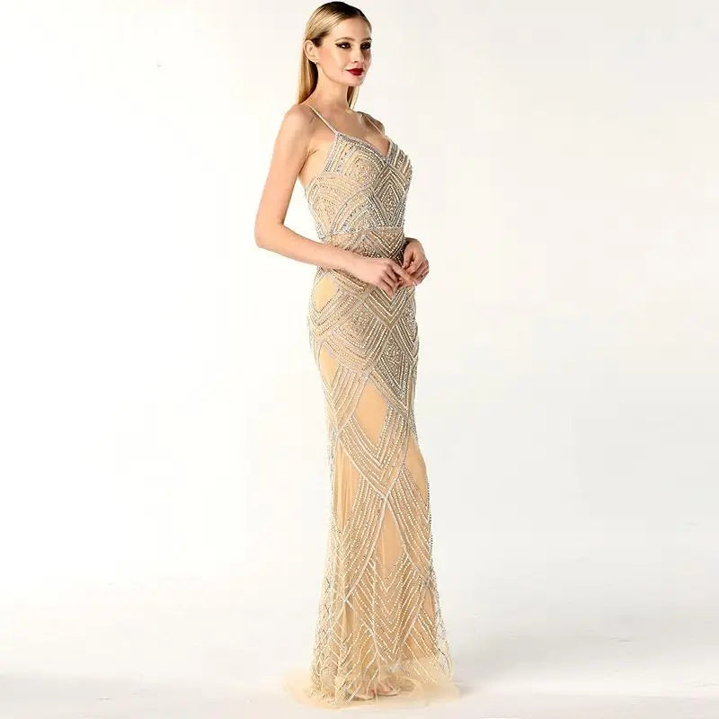 Sevilla Beaded Nude Sliver Gown - MSCOOCO