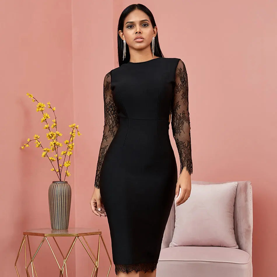 Sexy Backless Lace Long Sleeve Bandage Dress - MSCOOCO