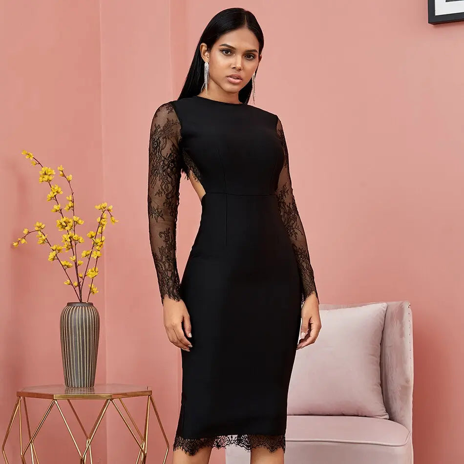 Sexy Backless Lace Long Sleeve Bandage Dress - MSCOOCO