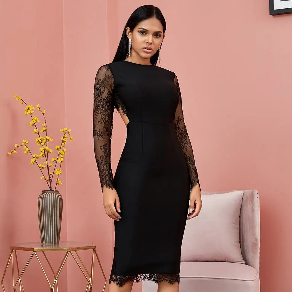 Sexy Backless Lace Long Sleeve Bandage Dress - MSCOOCO