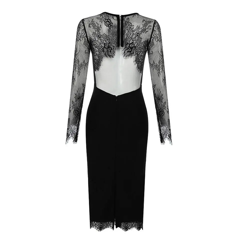 Sexy Backless Lace Long Sleeve Bandage Dress - MSCOOCO