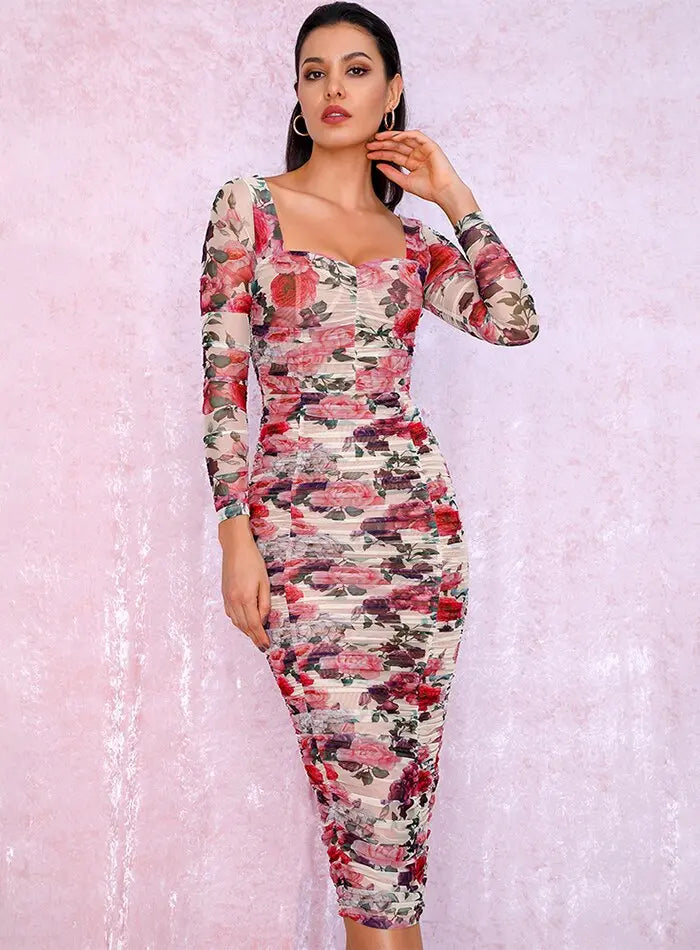 Sexy Elastic Print Mesh Slim Long Sleeve Party Dress - MSCOOCO