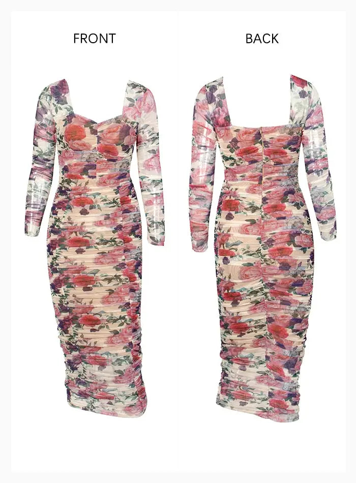 Sexy Elastic Print Mesh Slim Long Sleeve Party Dress - MSCOOCO