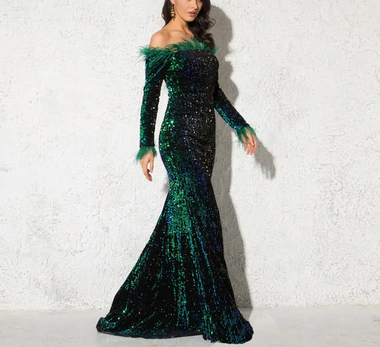Shiny Sequin Feather Velvet Dress - MSCOOCO