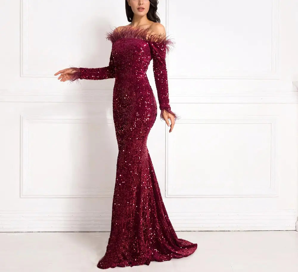 Shiny Sequin Feather Velvet Dress - MSCOOCO