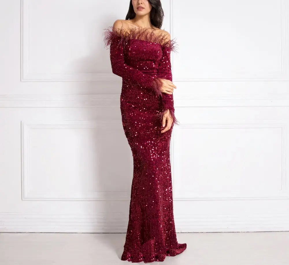 Shiny Sequin Feather Velvet Dress - MSCOOCO