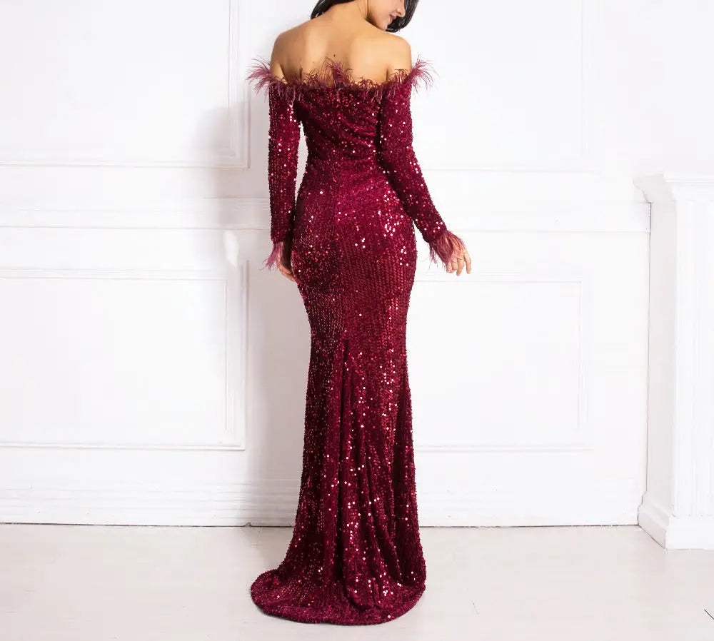 Shiny Sequin Feather Velvet Dress - MSCOOCO