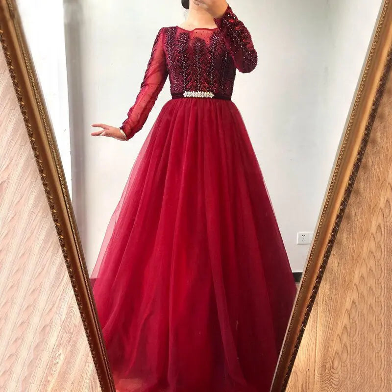 Sidiqah Wine Red Crystal A-Line Evening Dress Mscooco.co.uk