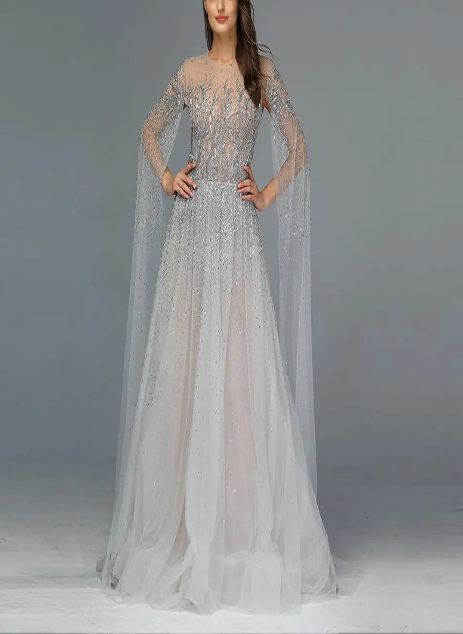 Silver Grey Luxury O-Neck A-Line Sexy Evening Gowns - MSCOOCO