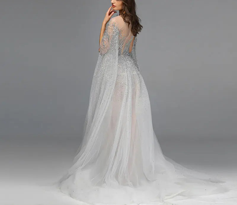 Silver Grey Luxury O-Neck A-Line Sexy Evening Gowns - MSCOOCO