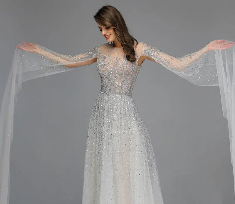 Silver Grey Luxury O-Neck A-Line Sexy Evening Gowns - MSCOOCO