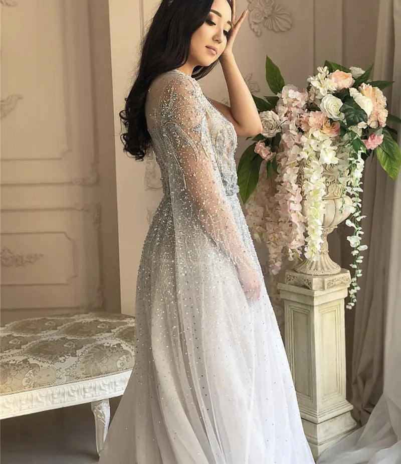 Silver Grey Luxury O-Neck A-Line Sexy Evening Gowns - MSCOOCO