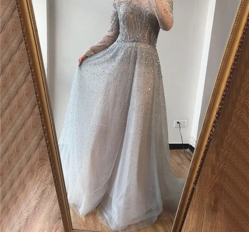 Silver Grey Luxury O-Neck A-Line Sexy Evening Gowns - MSCOOCO