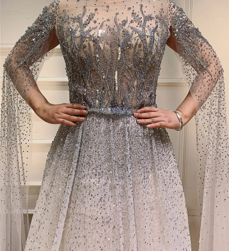 Silver Grey Luxury O-Neck A-Line Sexy Evening Gowns - MSCOOCO