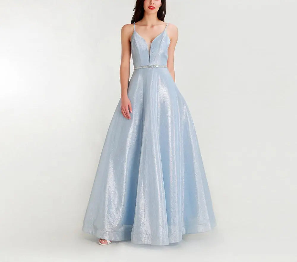 Sky Blue Sparkly Crystals A Line Gown - MSCOOCO