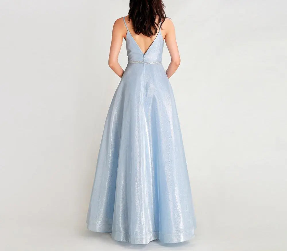 Sky Blue Sparkly Crystals A Line Gown - MSCOOCO