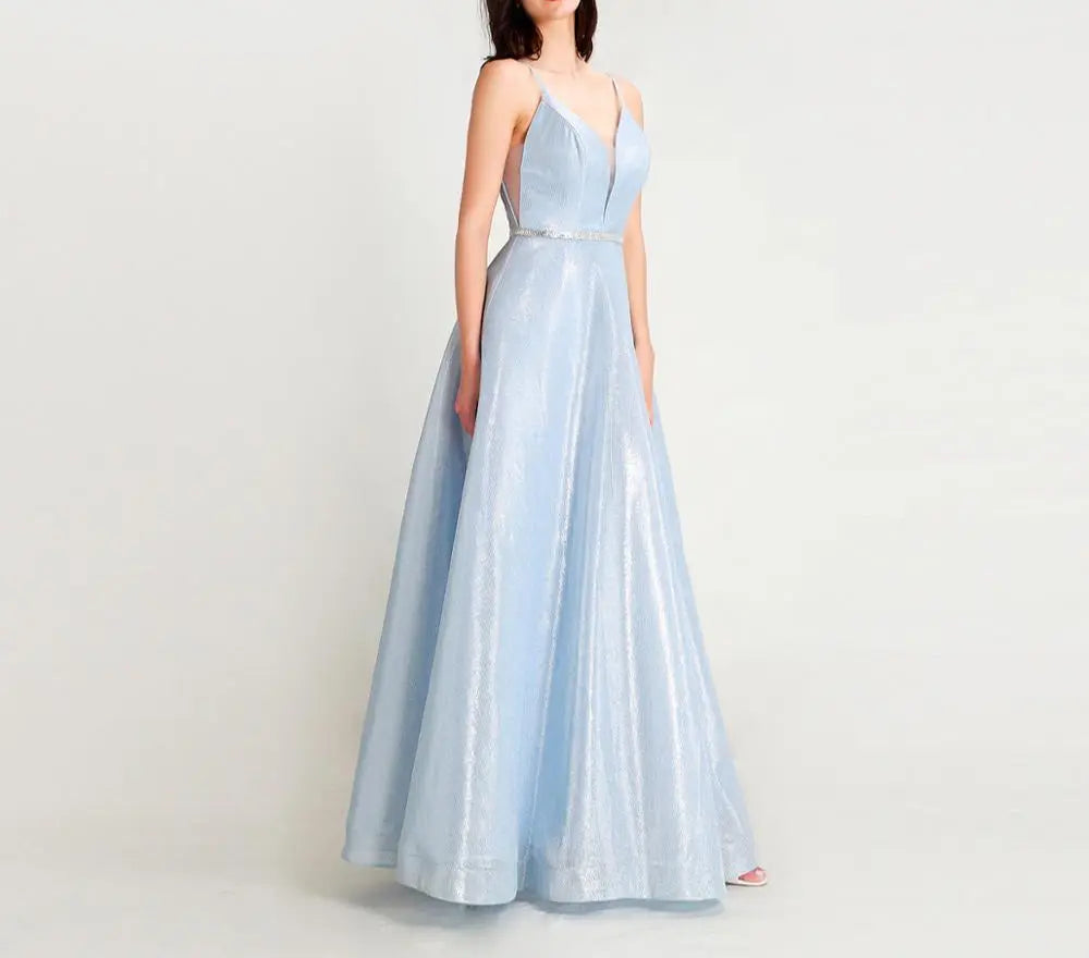 Sky Blue Sparkly Crystals A Line Gown - MSCOOCO