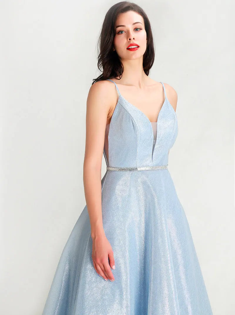 Sky Blue Sparkly Crystals A Line Gown - MSCOOCO