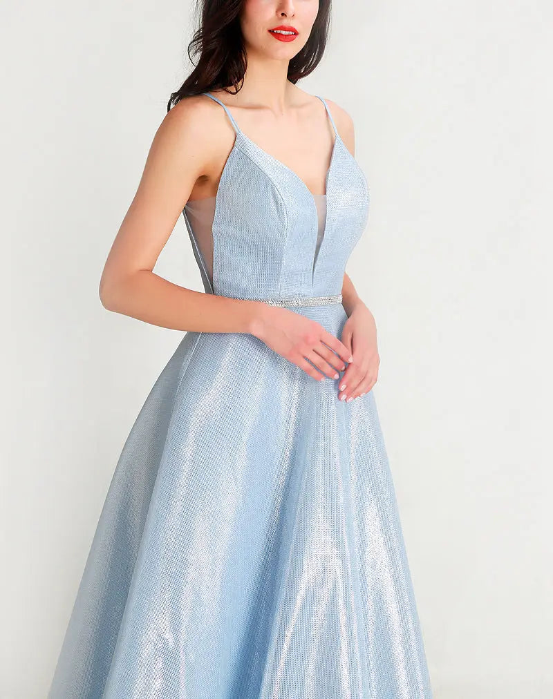 Sky Blue Sparkly Crystals A Line Gown - MSCOOCO