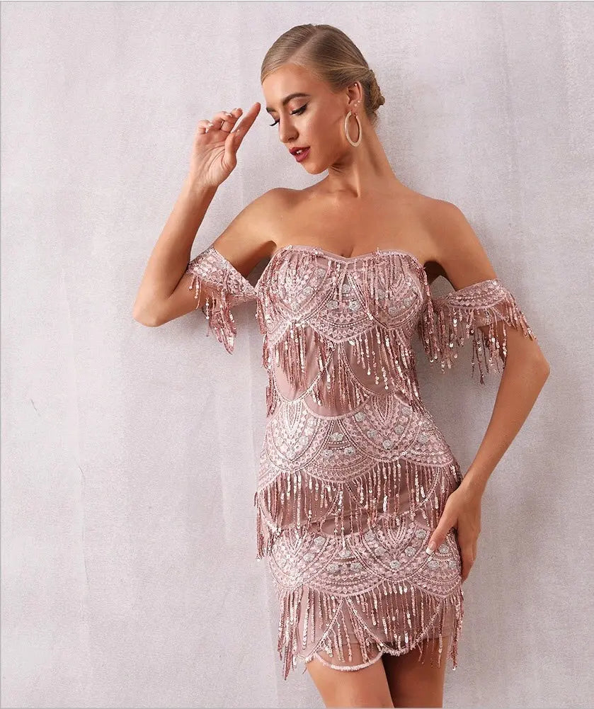 Slash Neck Tassel Sequin Dress - MSCOOCO