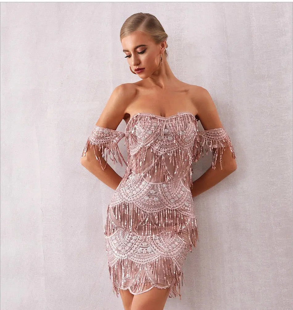 Slash Neck Tassel Sequin Dress - MSCOOCO