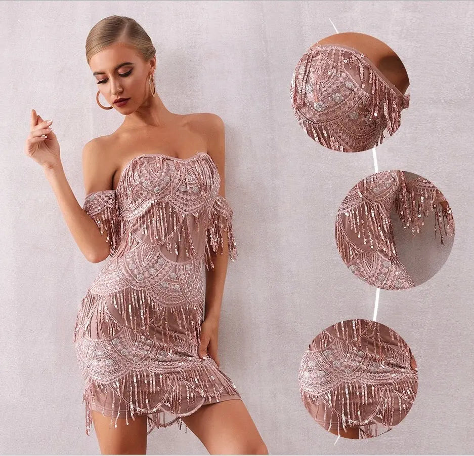 Slash Neck Tassel Sequin Dress - MSCOOCO